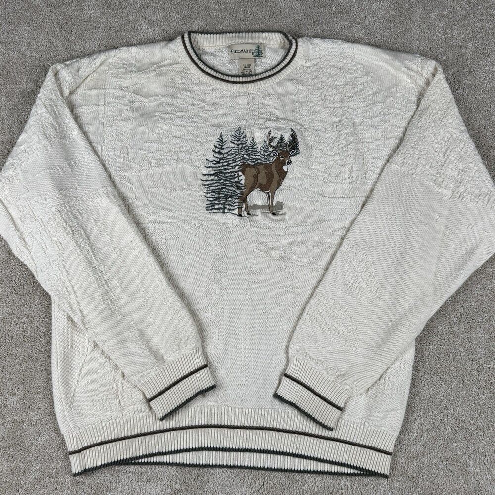 Vintage Fieldmaster Sweater Large White Deer Embroidered Crewneck Cable Knit USA